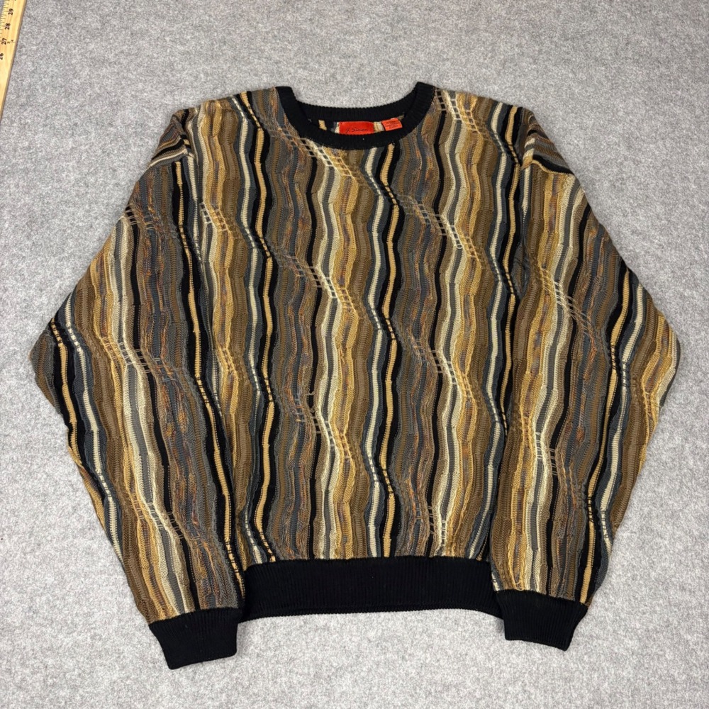 J. Simon Mens XL 3D Knit Sweater Vintage Coogi Style Earth‎ Tone Textured Cotton